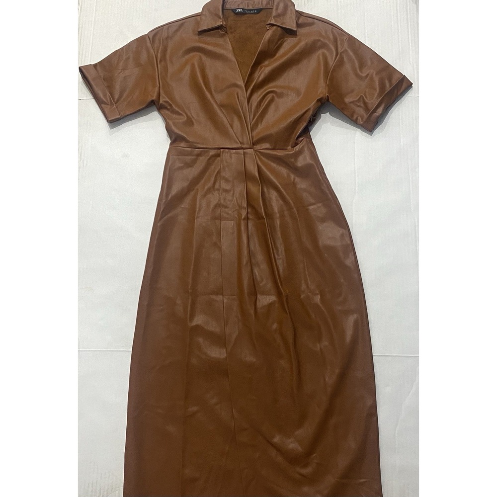 ZARA Brown Faux Leather Collared V Neck Short Sleeve Dress. Small